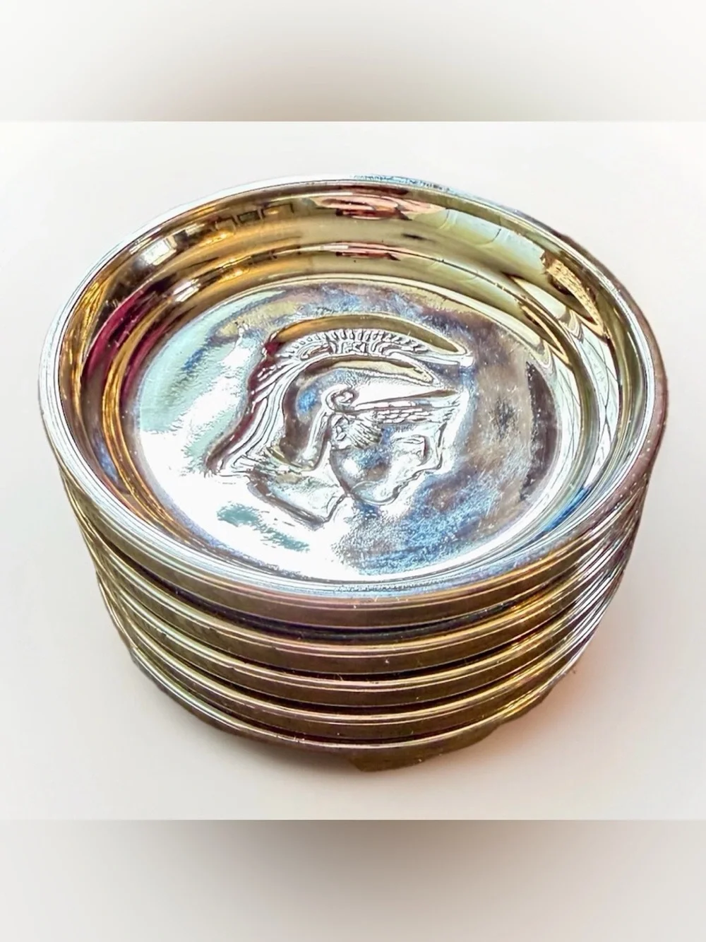 Vintage Set Of‎ 5 Mercury Glass Mid Century Coasters Silver Roman Head Trojan